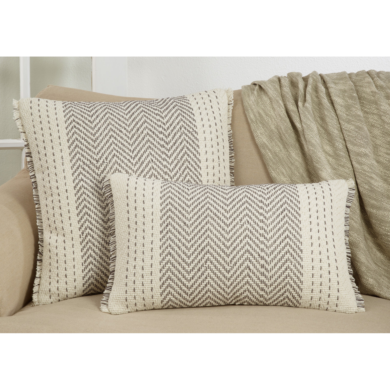 Carey Fringed Cotton Lumbar Pillow Cover, Gray/Ivory
