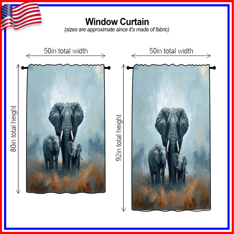 Rideaux de fenêtre Elephant Family In Grassland, 50" x 80" - 1 Panel, Transparent
