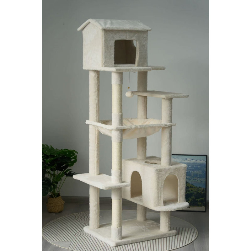 Arbre à chat beige 63 pouces avec plateforme multi-niveaux 5, poteaux à griffer, cachette douce et confortable pour les heures de divertissement des chats avec design, détente féline