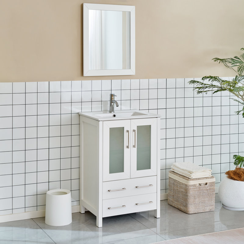  24" W Single Bathroom Vanity Set with Mirror, White