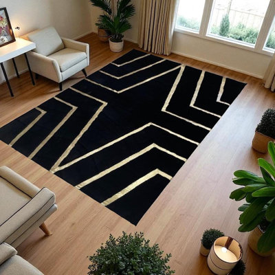 Handmade Black Faux Fur Area Rug with Gold Geometric Lines for Living Room Bedroom Multi Size