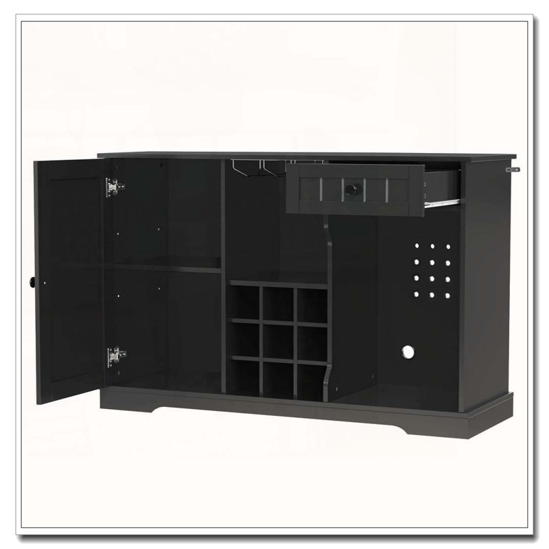 Meuble-bar avec casiers à vin, porte-verres et espace réfrigérateur intégré, Noir