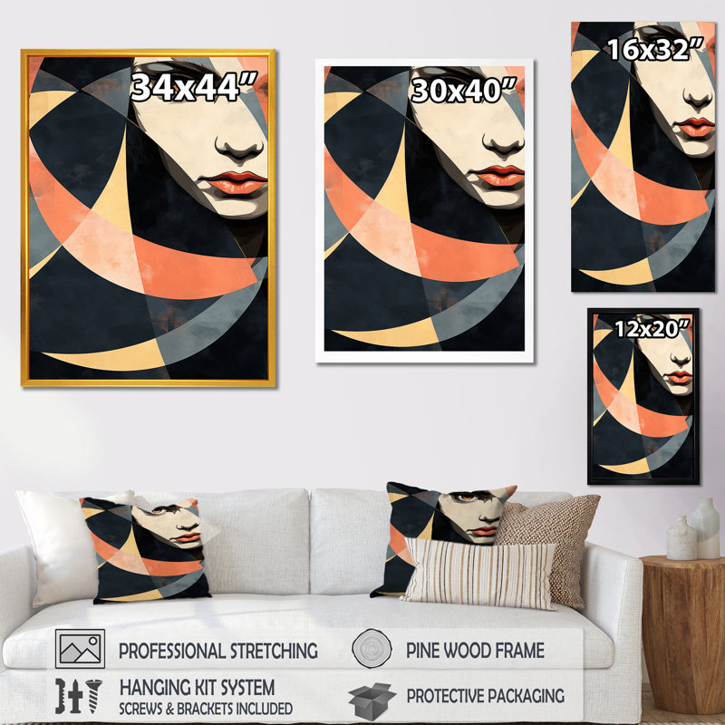 «Black and Pink Woman Cubist Portrait III - Abstract Cubism», reproduction d'art murale, Cadre simple noir