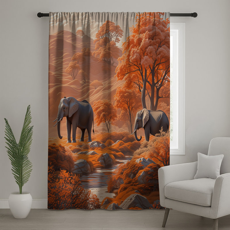 Éléphants dans un paysage orange, rideaux transparents et occultants - 1 panneau, 50 po x 80 po - 1 panneau, Transparent