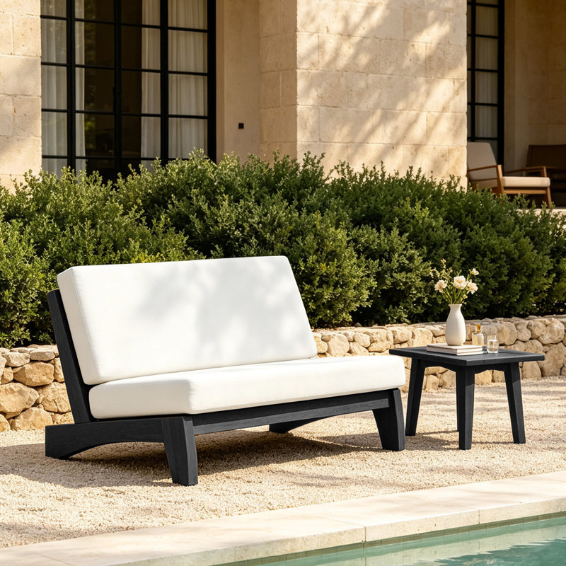 Polett Outdoor Conversation Set Solid Wood Group With Loveseat And Side Table, White, Black