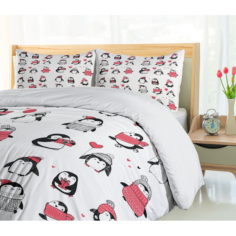 Penguin Print Dark Coral and White Microfiber Queen Duvet Set