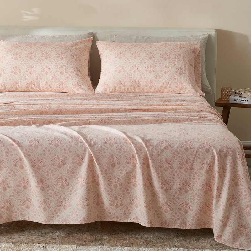 100% Cotton Vintage Floral Printed Flannel Sheet Set, Geo Floral - Mustard, Full Sheet Set + 1 Fitted Sheet + 2 Pillowcases