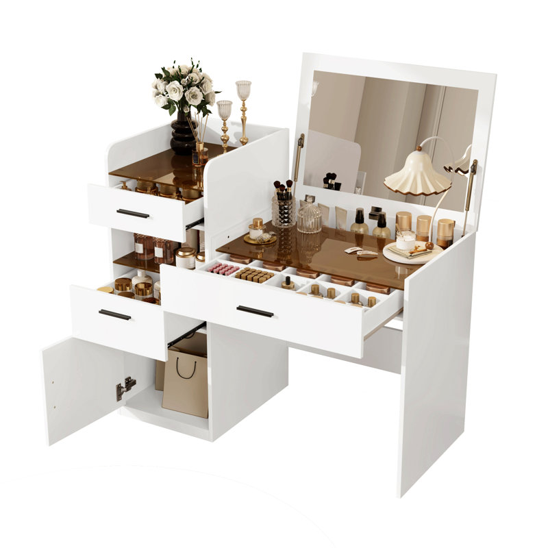 Bureau de coiffeuse 3 en 1 avec miroir rabattable, coiffeuse de maquillage compacte en verre et rangement caché, coiffeuse avec 3 tiroirs et armoire, coiffeuse peu encombrante pour la chambre à coucher