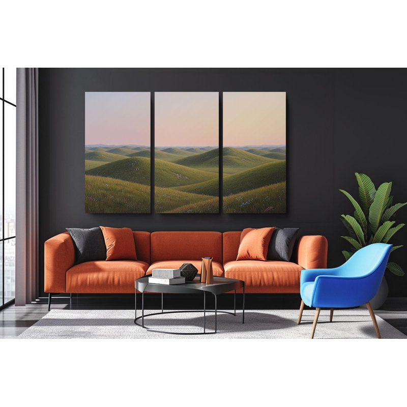 Reproduction d'art sur toile, "Serene Rolling Hills Triptych" - paysage vert paisible, art inspiré de la nature moderne, reproduction d'art