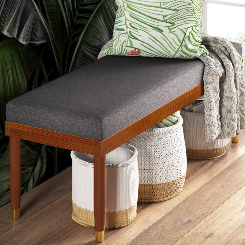 Raymond Mid-Century 48" Grey Upholstered Bench with Brass-Tipped Legs