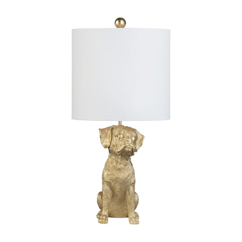 Lampe de table pour chien boxer en résine dorée avec abat-jour en lin