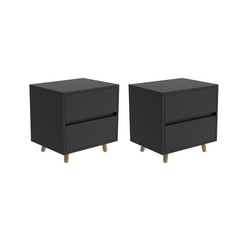 Modern Wood Two Drawer Nightstand,Vintage Bedside Table, Set of 2, Black
