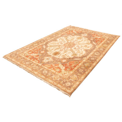 Tapis décoratif en laine brun clair de conception unique 8 pi 10 po x 13 pi 2 po Deyaneira noué à la main
