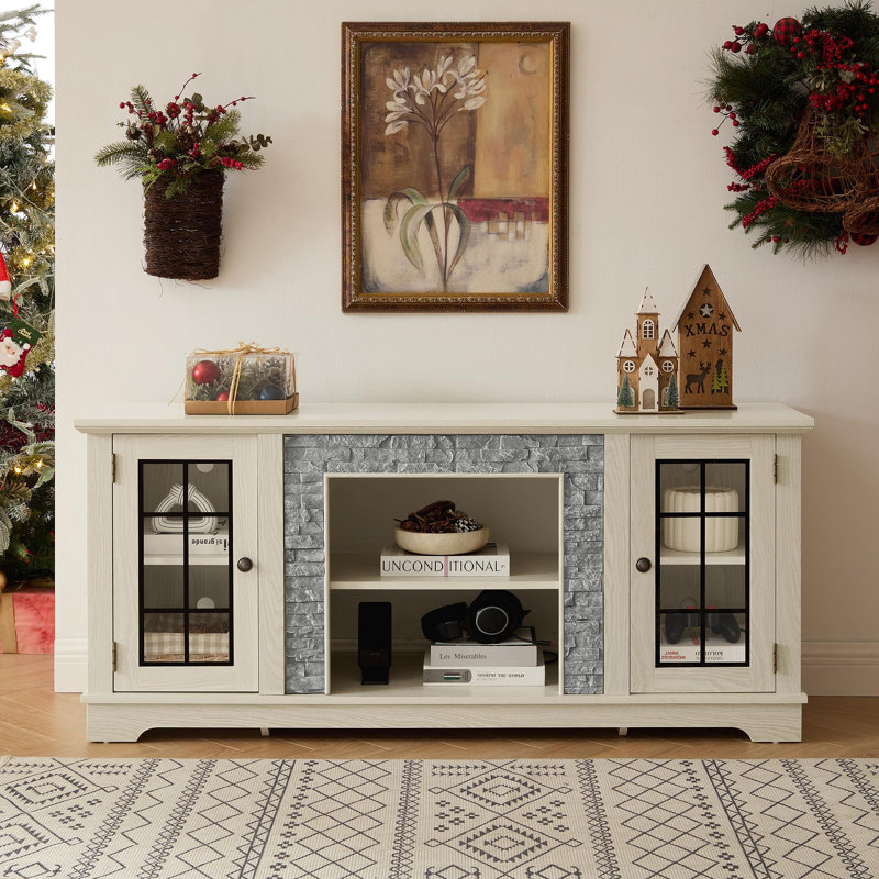 58" Modern TV Stand With 2-Door Storage, Faux Stone Media Console Cabinet, White Large Entertainment Center For Living Room