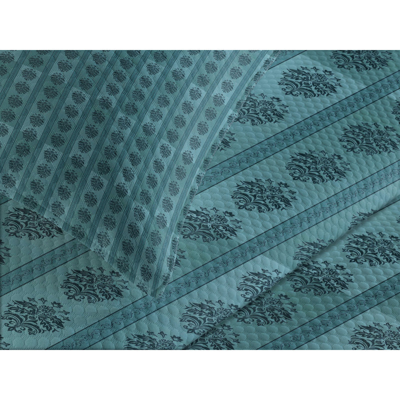 Ambesonne Damask Bedspread Medieval Gothic Rococo Petrol Blue, King Coverlet/Bedspread + 2 Pillow Shams