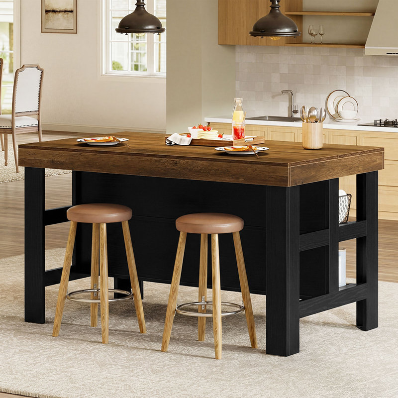 55.1" Kitchen Island Table With Storage And Seating For Kitchen Dining Room, Brown/Black