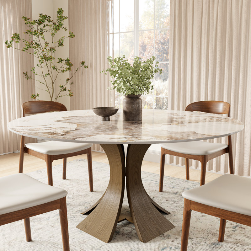 Aversa Modern Round Dining Table, Sintered Stone & Travertine Top | Solid Wood Base, 1-Step Easy Assembly For Dining Room