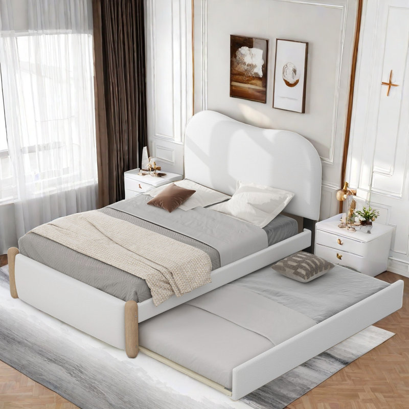 Lit plateforme tapissier avec pieds de support en bois et lit gigogne simple Madilyne, Simple, Blanc