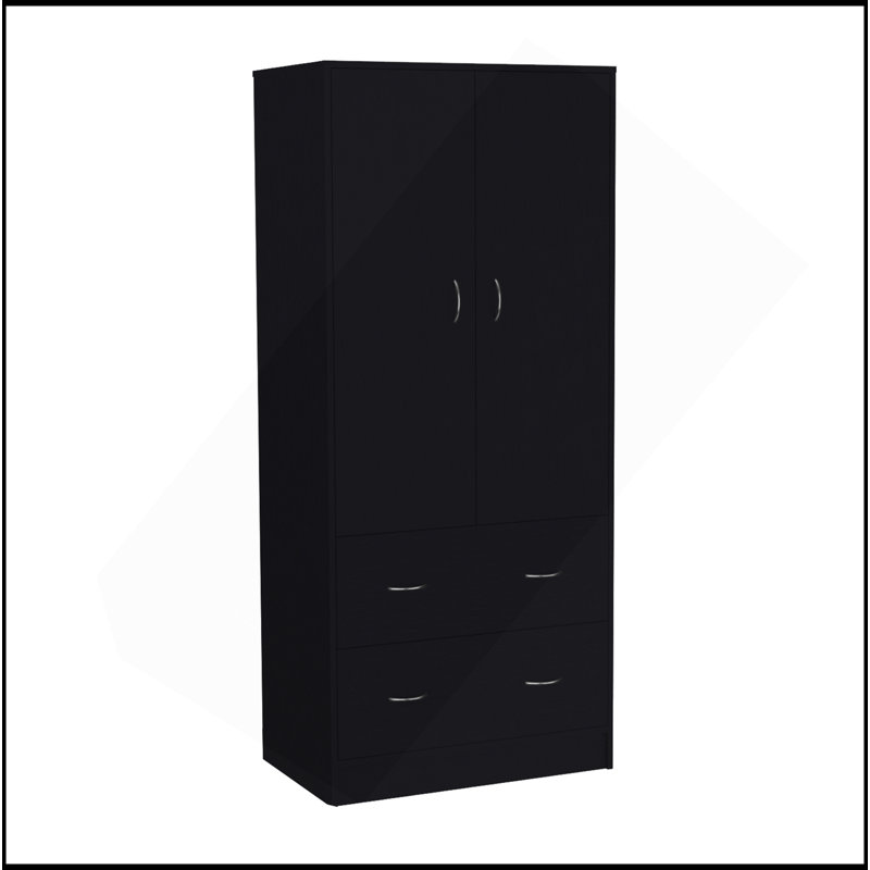Armoire Taly avec portes doubles, 2 tiroirs et tringle de suspension noire, Noir