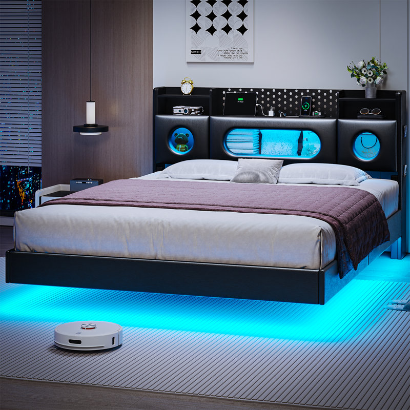 Floating Bed Frame Queen with Storage Headboard, Platform Bed Queen Size with Storage & LED Lights,Metal Floating Queen Bed Frame, No Box Spring Needed, Noise-Free, Easy Assembly, PU Black