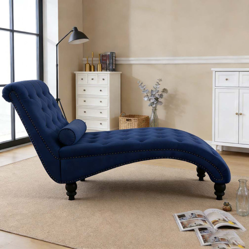 Velvet Recliner Chair with Button Tufting, Navy