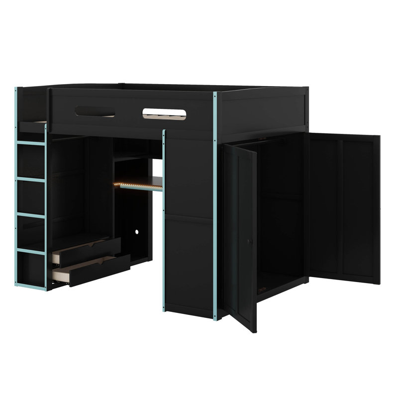 Full Size Wood Loft Bed With Desk,Wardrobe,Ample Storage Space And RGB LED Light, Cloud Blue/Black