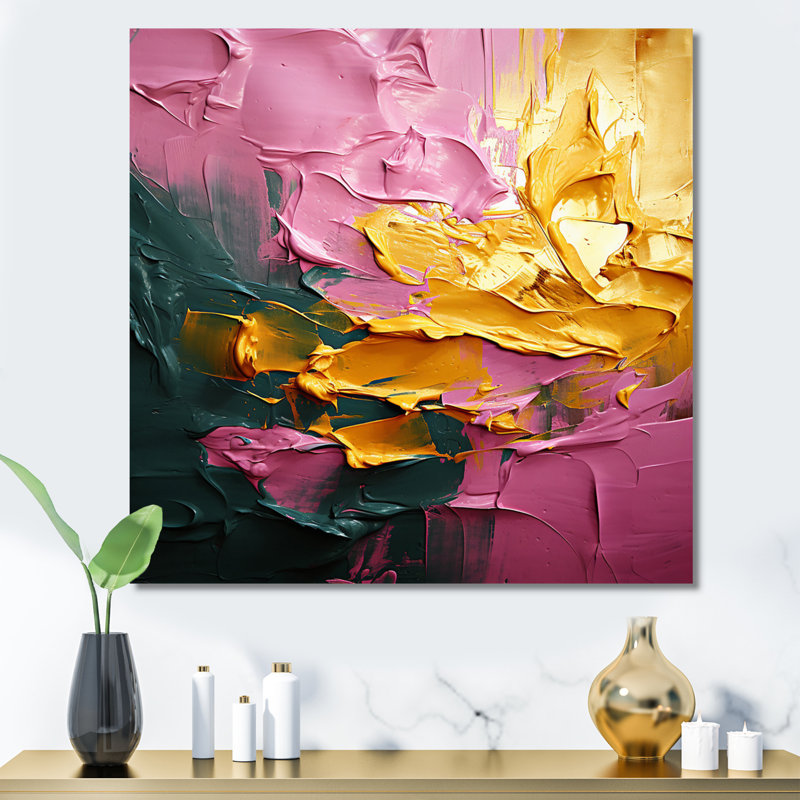 «Réjouissant dans l'amour», peinture abstraite rose et or, H 24 po x l 24 po x P 1 po, Toile tendue