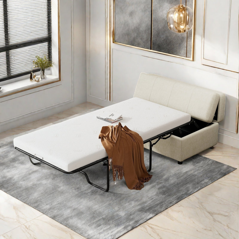 Lit escamotable pliant avec lit d'invité convertible et matelas, structure en métal massif, Blanc