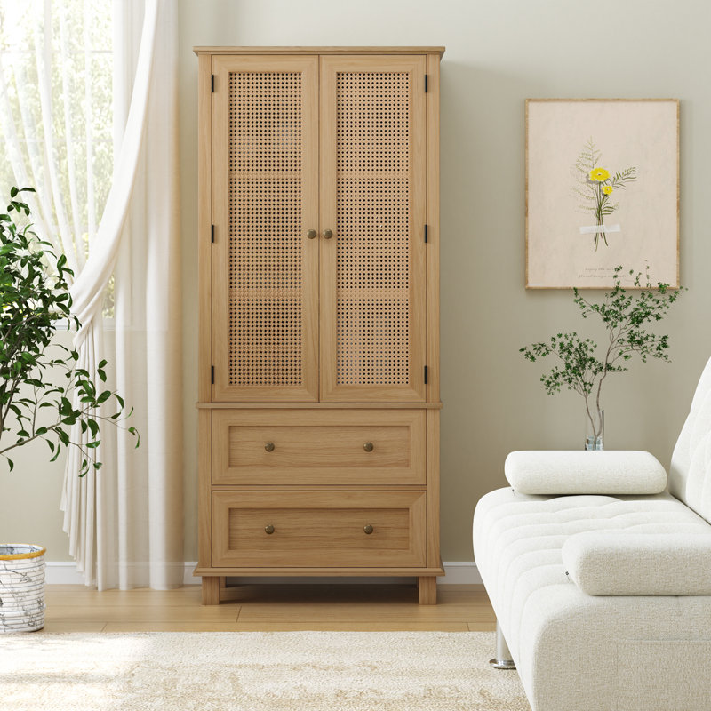 Armoires d'appoint en bois avec armoire et 2 tiroirs, grand casier rectangulaire avec faux rotin et surface en faux bois massif, blanc Mid-Century moderne ou maison de campagne
