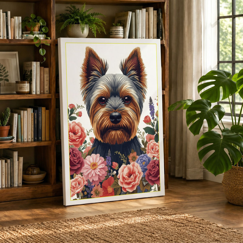 Terrier in Bloom Botanical - Wrapped Canvas, 36x24 - 91.4 x 61.0 cm, White Border