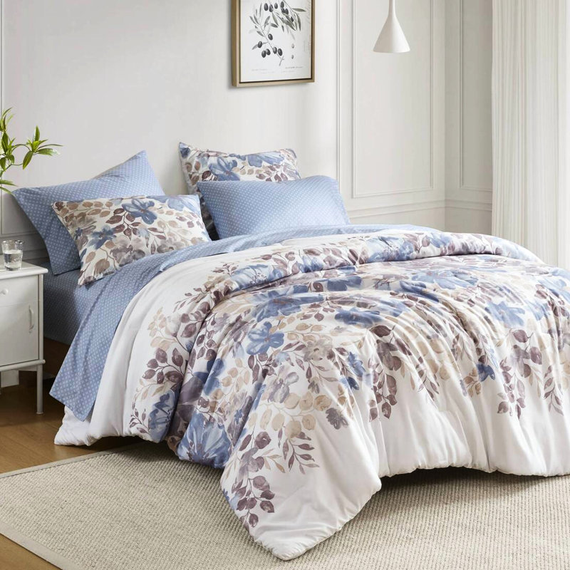 Édredon avec feuilles florales bleues, léger et tendance