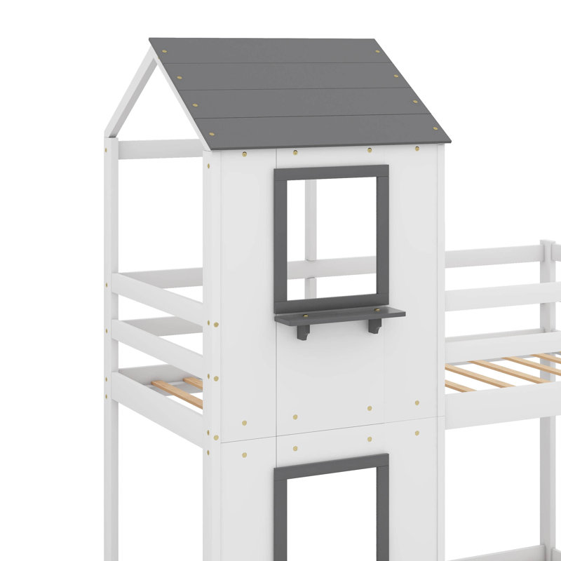 Lit superposé simple au-dessus d'un lit simple en bois avec toit, fenêtre et garde-corps, Blanc