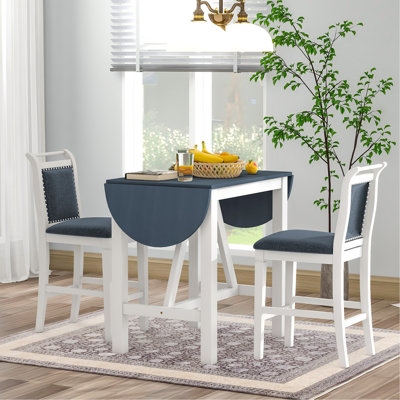 3-Piece Wood Counter Height Drop Leaf  Dining Table Set with 2 Upholstered Dining Chairs for Small Place, White
