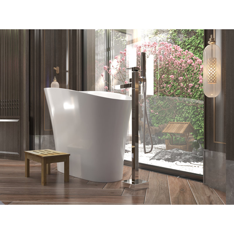 Japanese 47" Freestanding Solid Surface Stone Resin Deep Soaking Bathtub with Seat - White, White