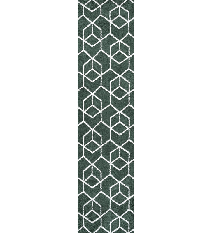 Mashawna Blocks Modern Geometric Green/White Rug, Runner 2' x 8'