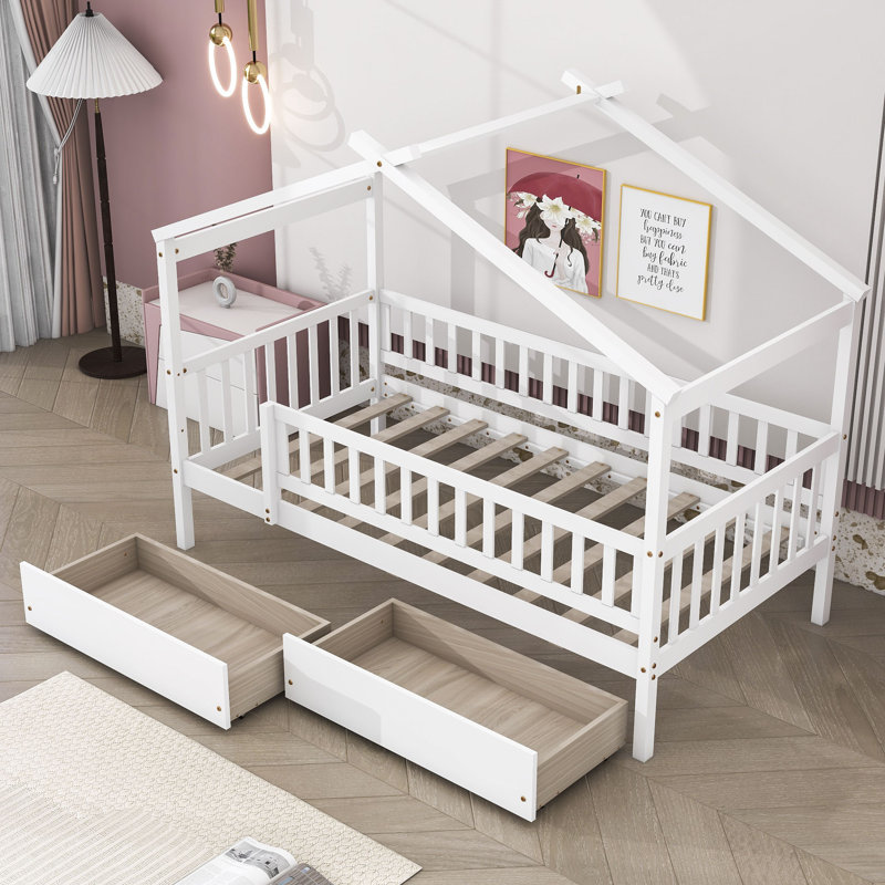 Heulwen Two Drawers Wooden House Bed, White, Twin