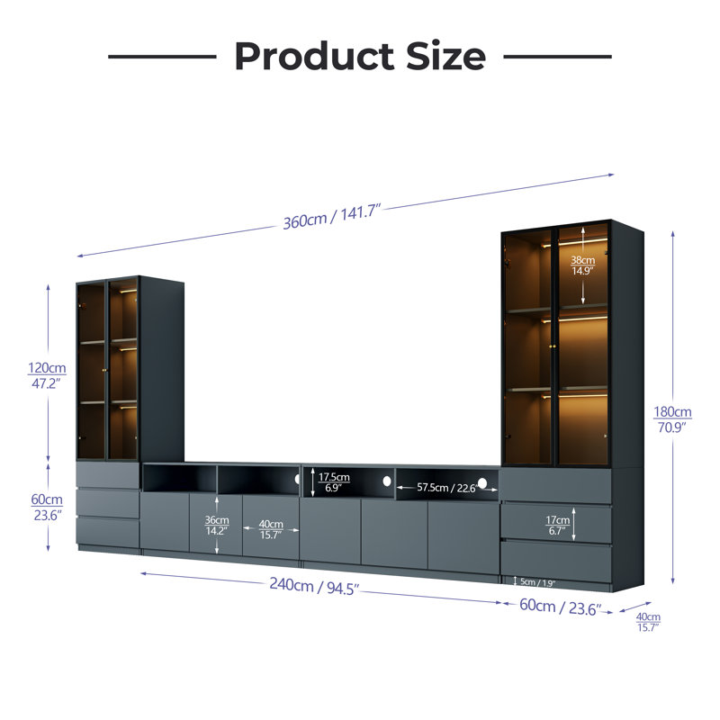 Meuble télé Crafton avec centre de divertissement modulaire de 141,7 po avec bibliothèque pour téléviseur de 100 pouces, ensemble d'armoire de rangement moderne en bois avec console média extra longue et bibliothèque à lumières