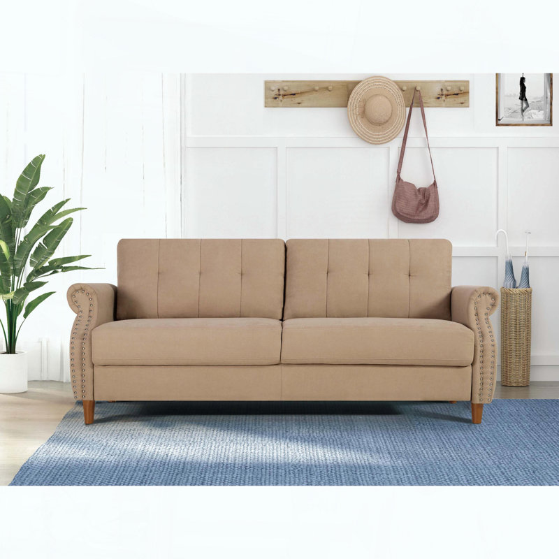 Causeuse transitionnelle avec accoudoirs roulés et garniture cloutée, Camel Polyester