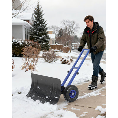 Snow Shovel with Wheels, Adjustable Handle & Angled Blade, Double Rod Push Snow Plow for Driveway(29.1W x 16.5H)