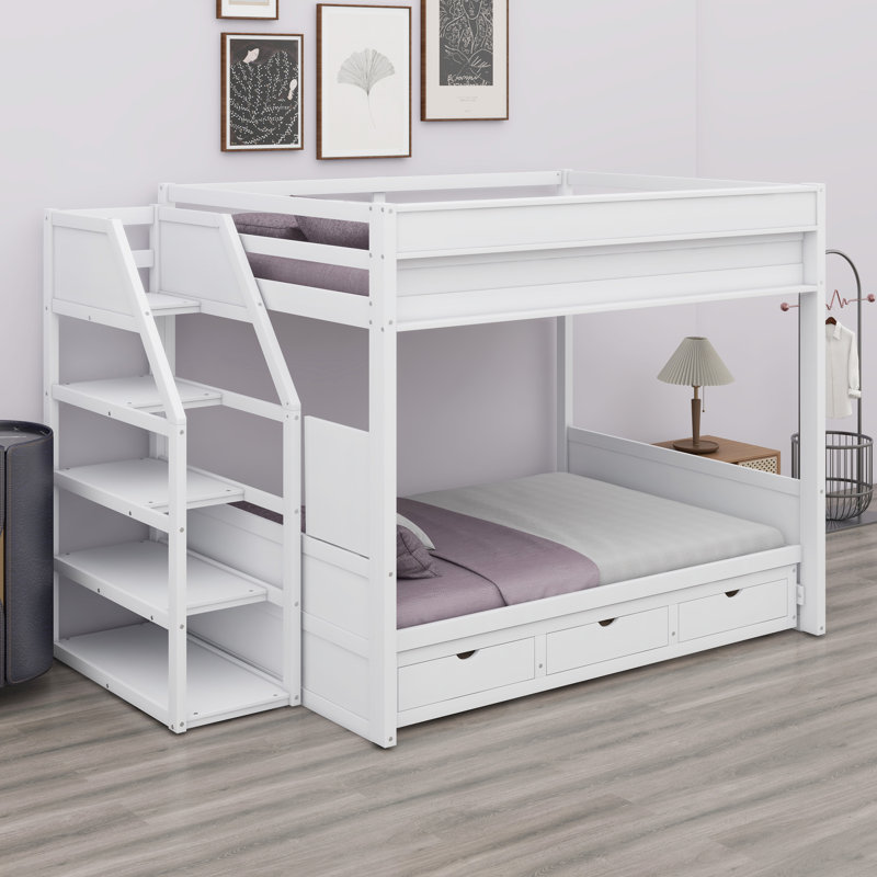Lit superposé convertible avec escalier de rangement intégré et tiroirs multiples, Blanc
