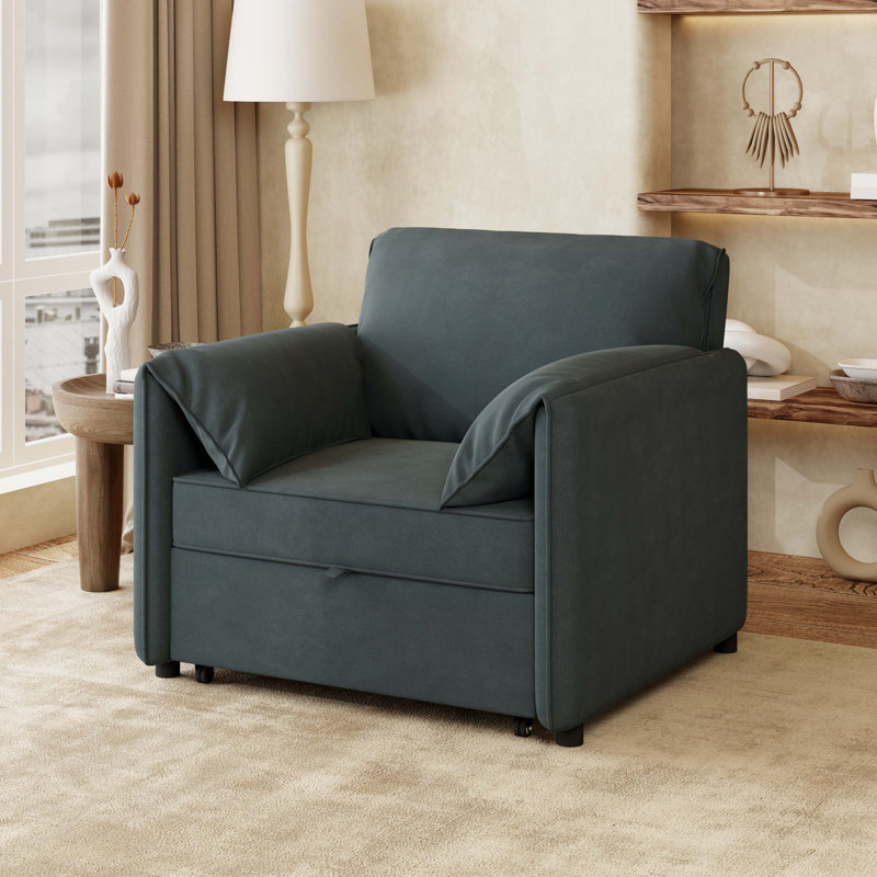 Convertible Pull Out Sleeper Chair with Adjustable Backrest with Thicked Cushions, Gray Linen