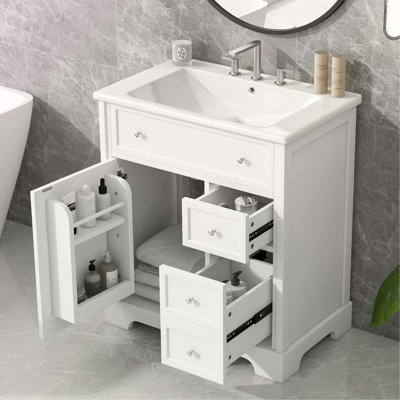 Meuble-lavabo de 30 po avec comptoir, meuble-lavabo avec porte et deux tiroirs, panneaux de fibres à densité moyenne, bois massif, un paquet, blanc (ancien numéro de référence: N725P198484K)
