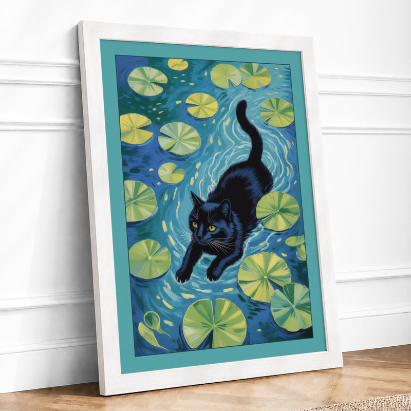 Floating Cat Whimsical - Framed Print, A2 - 59.4 x 42.0 cm, White