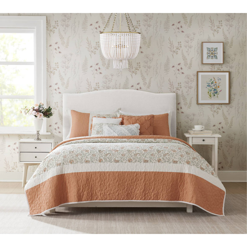 6 Piece Cotton Percale Quilt Set With Throw Pillows Coral Full/Queen, Coral, Queen/Full Quilt + 5 Additional Pieces