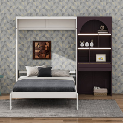 Lit escamotable Queen avec bureau, armoire de rangement et éclairage DEL, meuble de lit mural escamotable pliant en bois massif avec rangement, coiffeuse et tiroirs