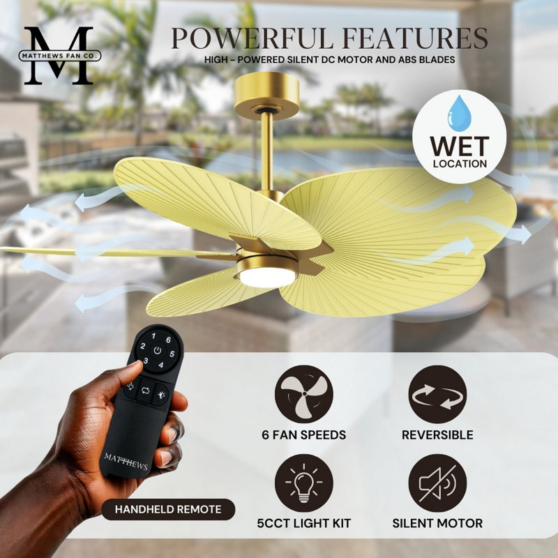 Alessandra Tropical - Five Blade Ceiling Fan - Integrated LED -Matte Black Finish -Light Blue Blades, Brushed Brass