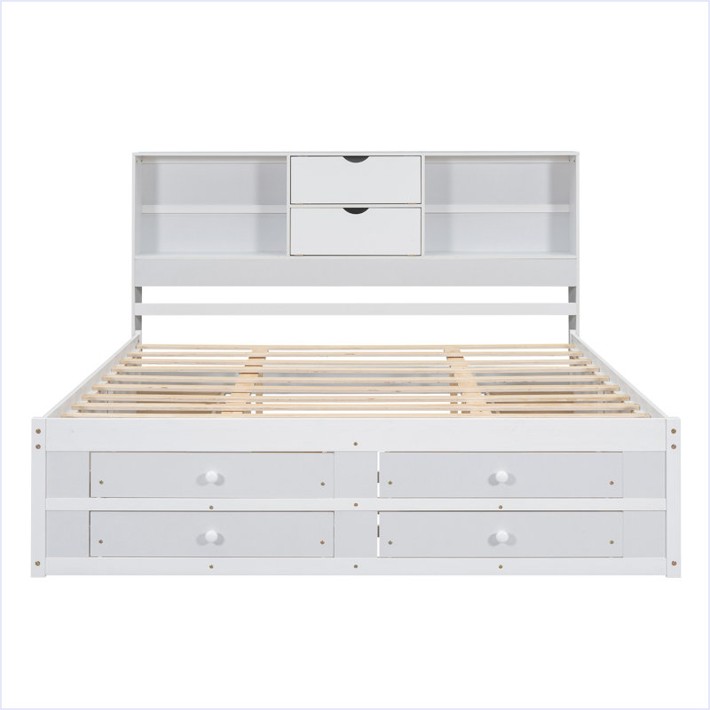 Lit plateforme avec tête de lit avec rangement et 8 tiroirs, Blanc / Blanc, Roi