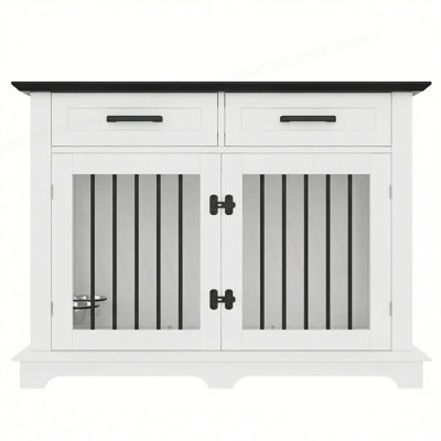 Grande cage pour chien 44,48 po, table de bout intérieure en bois pour chenil avec 2 tiroirs de rangement et bols rotatifs, cage de cage décorative pour chien de taille moyenne, blanc et noir