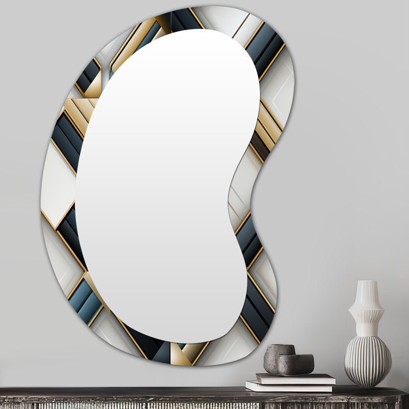 Errik Grey And Gold Marble Mosaic Dimensions - Geometric Asymmetrical Mirror, Black Unique Shape Decorative Wall Mirror, Printed Metal Art