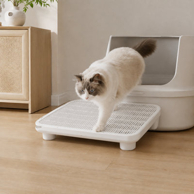 Double Layer Cat Litter Trapping Mat with Adjustable Height – 19.7" x 16" Litter Box Step with 6mm Grid, Non-Slip Base & Removable Collection Tray, Waterproof & Easy to Clean (White)
